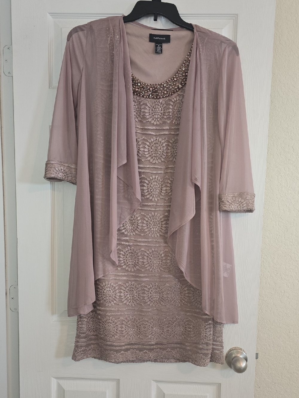 R&M Richards Beaded Lace Evening Dress in Mauve/Champagne